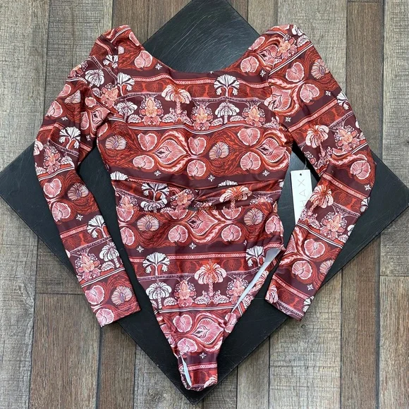 PHAX Twist Front Long Sleeve One Piece Boho Paddlesuit Swimsuit - Picture 1 of 2